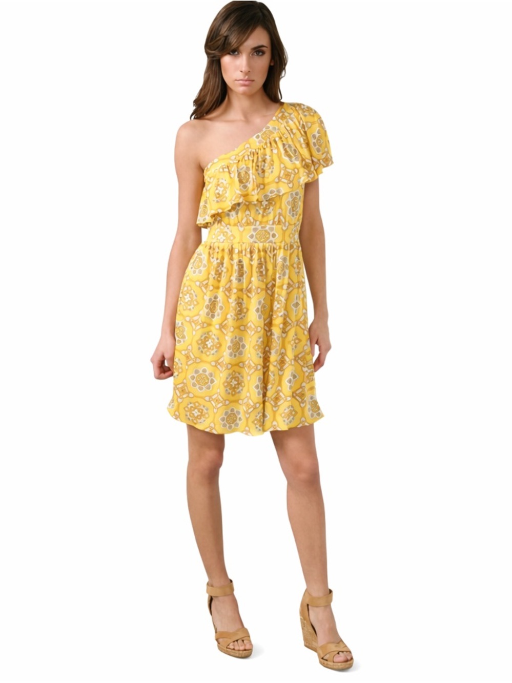 Juicy Couture Yellow One Shoulder‎ Silk Blend Dress Geometric Ruffle Size L Y2K